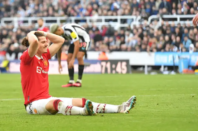 Manchester United's Marcel Sabitzer on the floor with his hands on his head