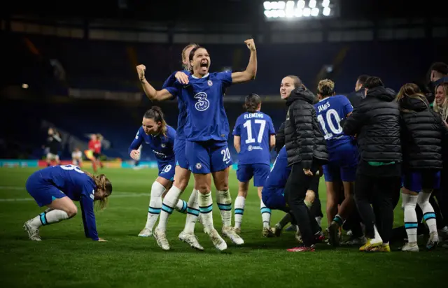 Chelsea celebrate after beating Lyon