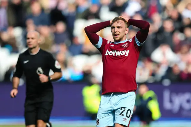 Jarrod Bowen of West Ham United reacts after his shot hits the crossbar