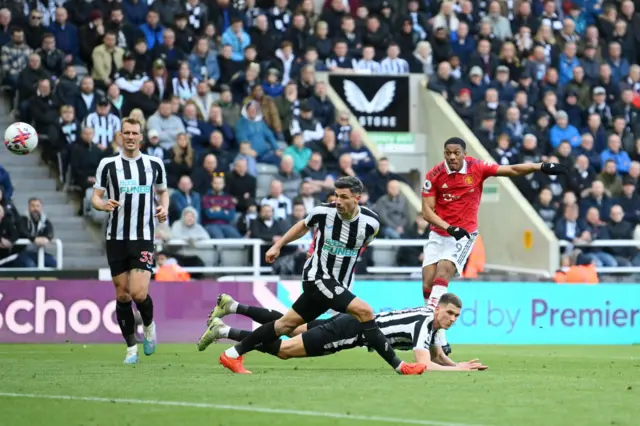 Anthony Martial of Manchester United shoots during the Premier League match