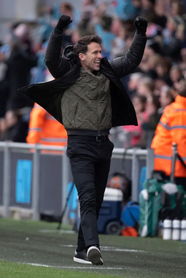 Manchester City manager Gareth Taylor celebrates during the FA Women's Super League match between Manchester City and Chelsea