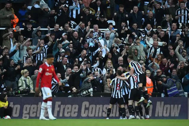 Newcastle United players celebrating with fans