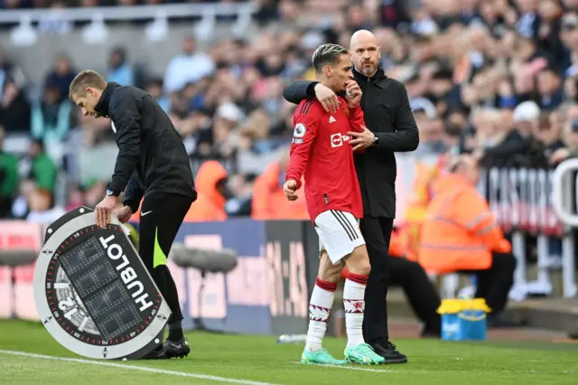 Antony of Manchester United looks upset with manager Erik Ten Hag