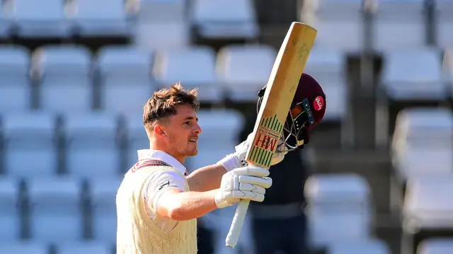 Tom Abell celebrates his hundred