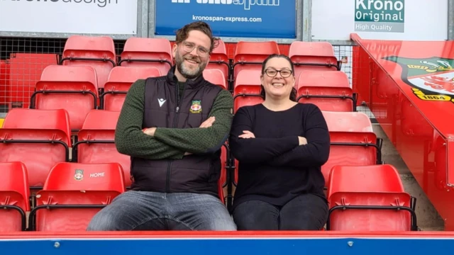 Wrexham executive director Humphrey Ker with US-based supporter Sarah Jane Gardner