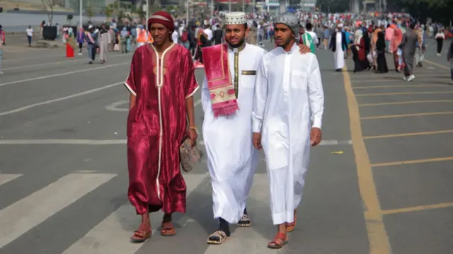 Ethiopian Muslims arrive Addis Ababa Stadium to perform prayer of Eid al-Fitr that marks end of the fasting month of Ramadan, Ethiopia - 21 April 2023