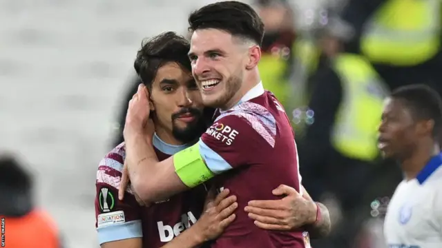 West Ham's Declan Rice celebrates with Lucas Paqueta