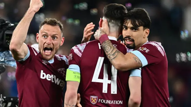 West Ham's Declan Rice celebrates his stunning solo goal against Gent