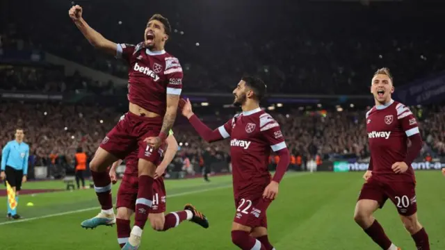 West Ham players celebrate scoring against Gent