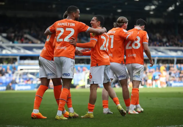 Blackpool celebrate scoring at Birmingham