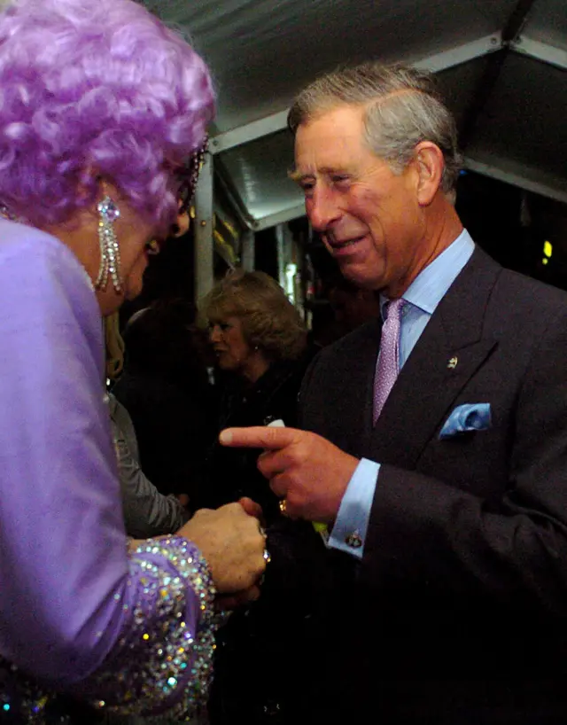 The former Prince of Wales meets Humphries at the Prince's Trust 30th birthday concert at the Tower of London