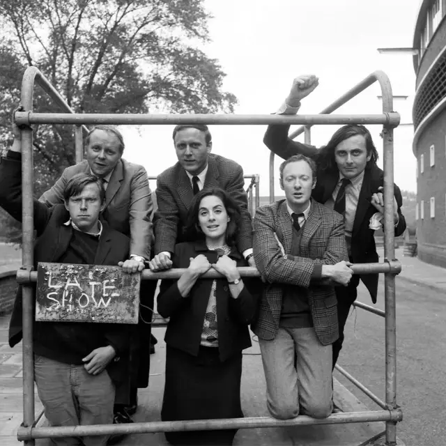 Humphries (top right) appeared in BBC TV's The Late Show alongside comedians and actors including John Bird (top left) and John Wells (bottom left)