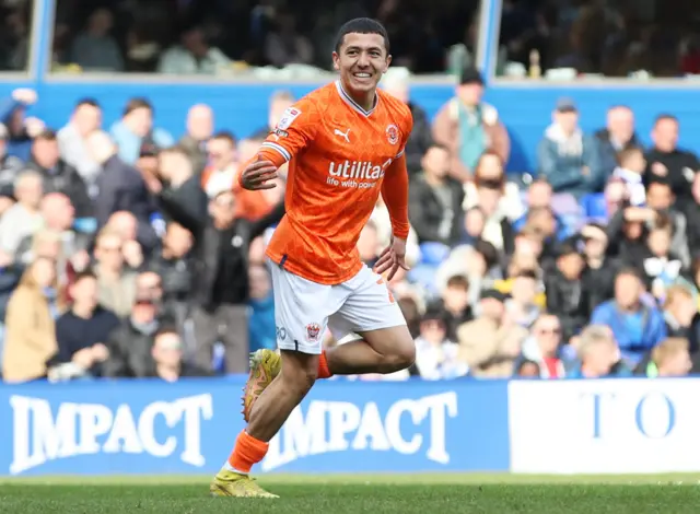 Ian Poveda celebrates scoring for Blackpool at Birmingham