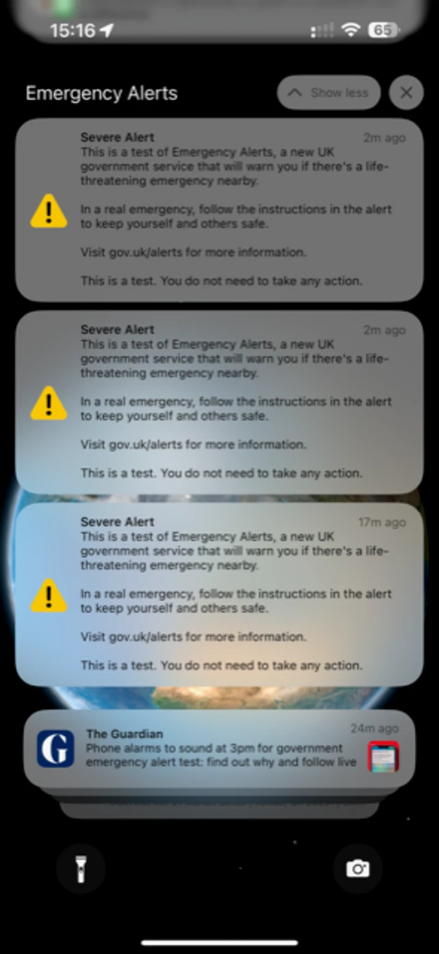 Screenshot of emergency alerts