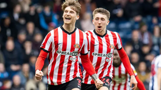 Dennis Cirkin (left) celebrates scoring Sunderland's equaliser against West Bromwich Albion