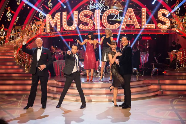 The Strictly Judges Len Goodman, Bruno Tonioli, Claudia Winkleman, Tess Daly, Darcey Bucell and Craig Revel Horwood in 2016