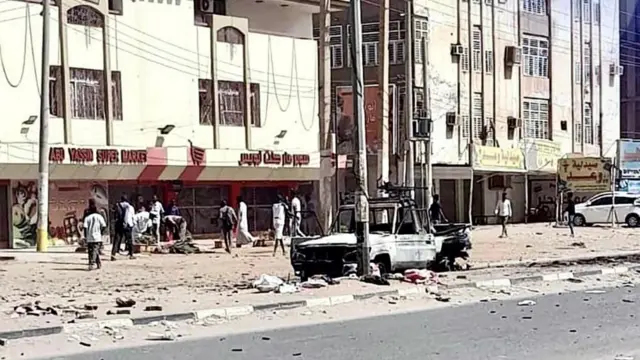 A battle-damaged street in Khartoum, Sudan, 23 April 2023 (issued 24 April 2023 by the Indonesian Embassy KBRI Khartoum