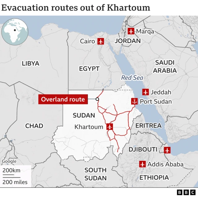 Map showing evacuation routs out of Sudan, marking nearby countries people are being sent to - like Djibouti, Ethiopia, Egypt, Jordan and Saudi Arabia