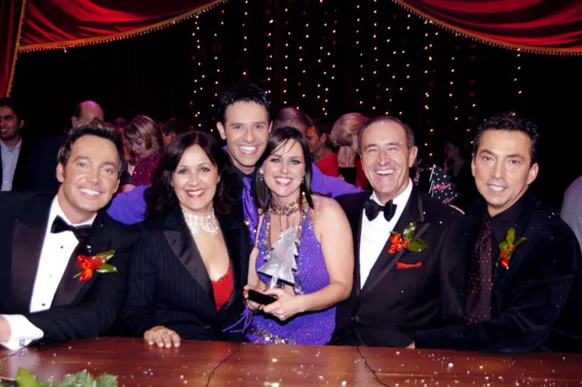 Craig Revel Horwood, Arlene Phillips, dancing partners Darren Bennett and Jill Halfpenny, Len Goodman and Bruno Tonioli in the 2004 Christmas Special of Strictly Come Dancing