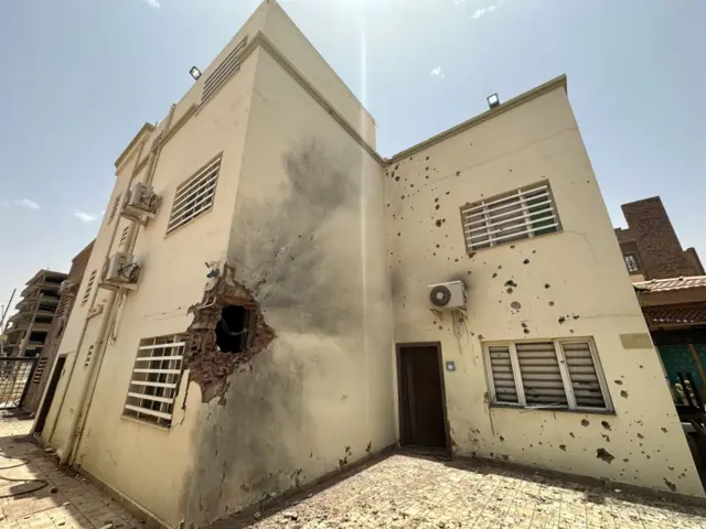 View of a damaged building during clashes between the Sudanese Armed Forces and the paramilitary Rapid Support Forces (RSF) in Khartoum, Sudan - 24 April 2023