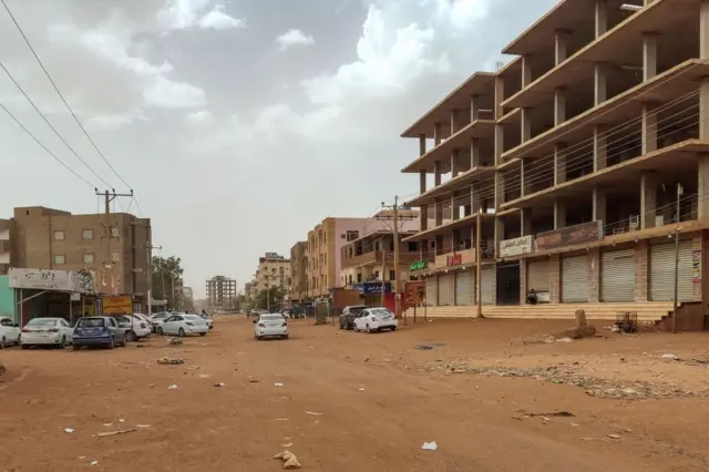 Closed shops are pictured in the south of Khartoum on 24 April, 2023