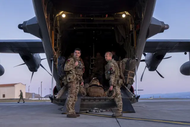 Ministry of Defence handout photo of soldiers boarding a C-130 bound for Sudan deployed to Cyprus in support of the FCDO Non-combatant Evacuate Operation to remove personnel from Sudan