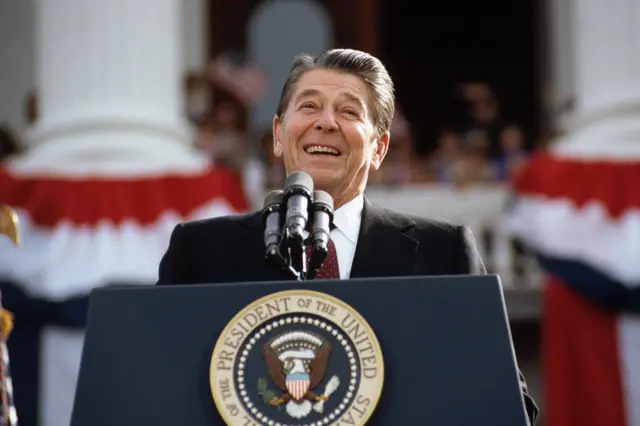 Ronald Reagan giving a speech for his re-election campaign in 1984