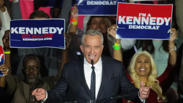 Robert F Kennedy Jr. delivers a speech announcing his candidacy for the Democratic presidential nomination in Boston, Massachusetts