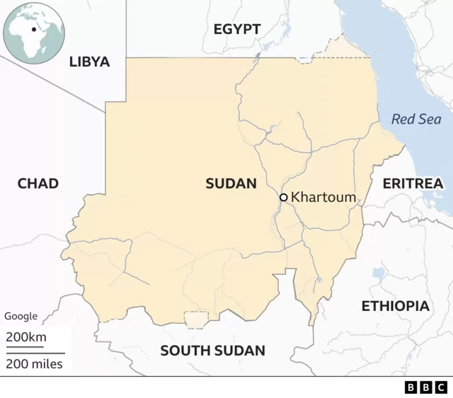 Map showing Sudan  and surrounding African countries