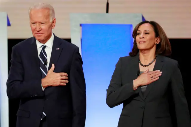 Joe Biden and Kamala Harrison pictured next to each other