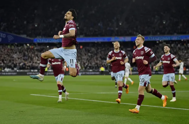 West Ham midfielder Lucas Paqueta celebrates scoring against Liverpool