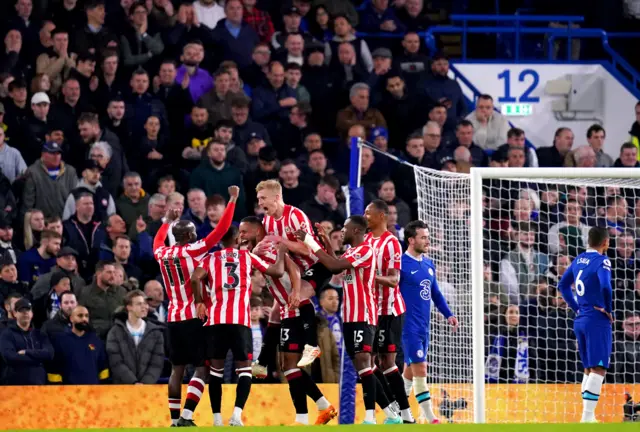 Brentford celebrate going ahead against Chelsea