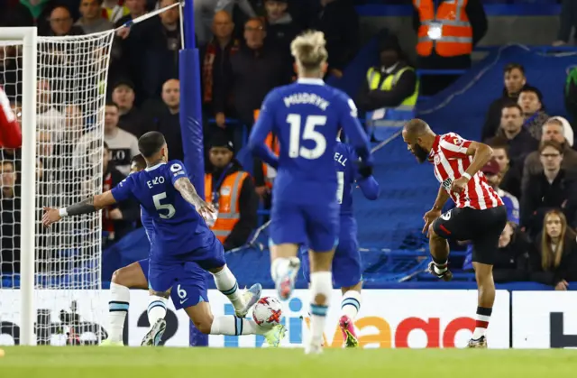 Brentford's Bryan Mbeumo scores Brentford's second against Chelsea