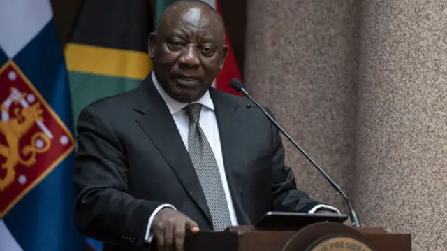 South African President Cyril Ramaphosa makes a speech as he holds a joint press conference with Finnish President Sauli Niinisto (not seen) following their meeting in Pretoria, South Africa on April 25, 2023.