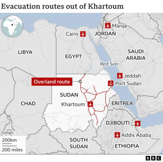 Map of routes out of Sudan