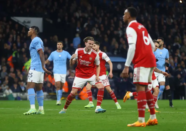 Arsenal's Rob Holding celebrates scoring against Manchester City