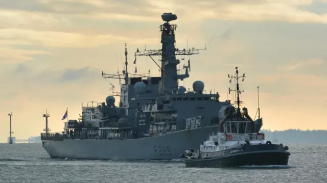 HMS Lancaster, pictured in 2020 near Portsmouth naval base