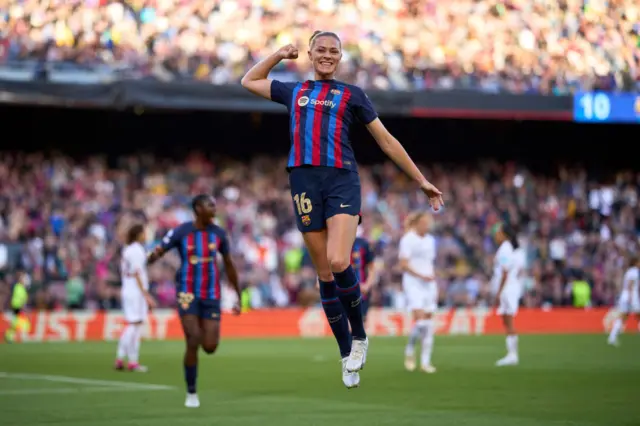 Fridolina Rolfo of FC Barcelona celebrates after scoring her team's first goal during the UEFA Women's Champions League quarter-final 2nd leg match between FC Barcelona and AS Roma at Spotify Camp Nou on March 29, 2023 in Barcelona, Spain.