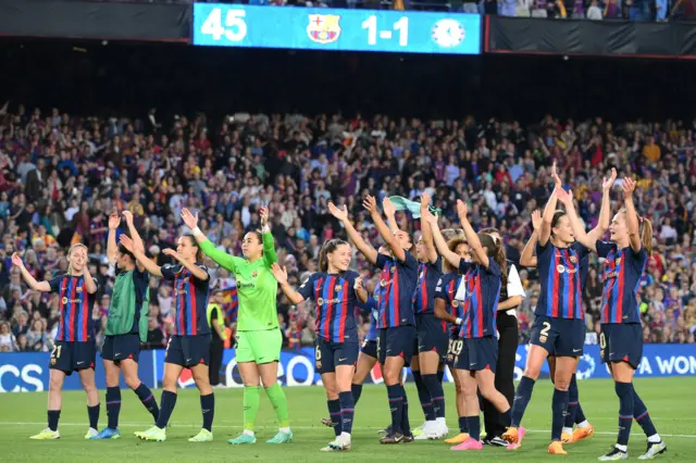 Barcelona players celebrate after reaching the Women's Champions League final