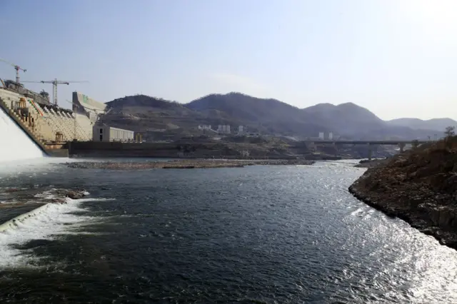 A view of Grand Ethiopian Renaissance Dam, a massive hydropower plant on the River Nile that neighbors Sudan and Egypt, as the dam started to produce electricity generation in Benishangul-Gumuz, Ethiopia on February 19, 2022.