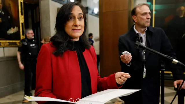 Canada's Minister of National Defence Anita Anand speaks to media in Ottawa, Canada, on 26 April