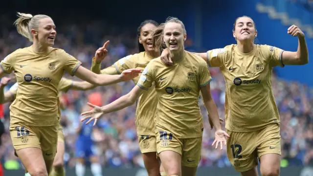 Barcelona's Caroline Graham Hansen celebrates scoring at Chelsea in Women's Champions League semi-final