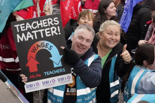 Teachers on strike at a pay dispute protest in Belfast