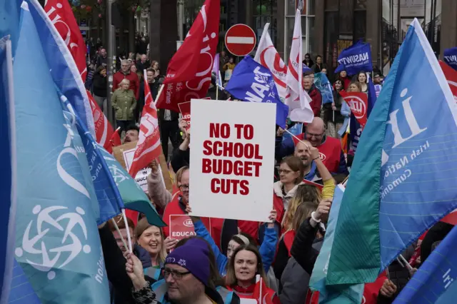 Teachers on strike at a pay dispute protest in Belfast