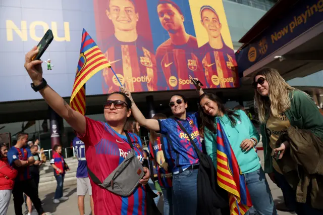 Barcelona fans outside Nou Camp before Women's Champions League semi-final v Chelsea