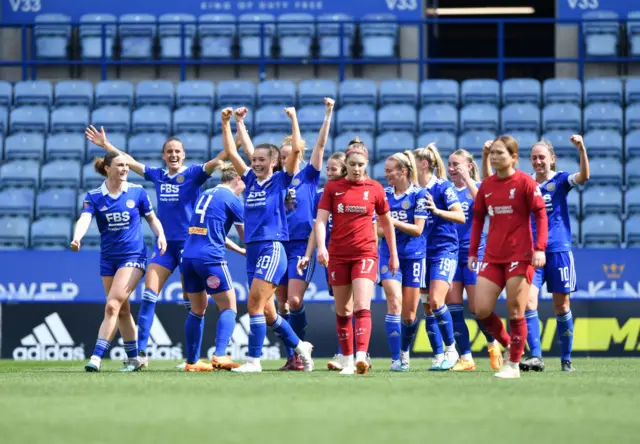 Leicester players celebrate 4-0 win over Liverpool in WSL