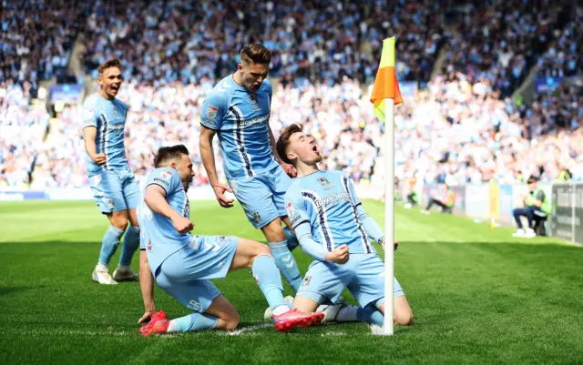 Coventry celebrate their first goal against Birmingham