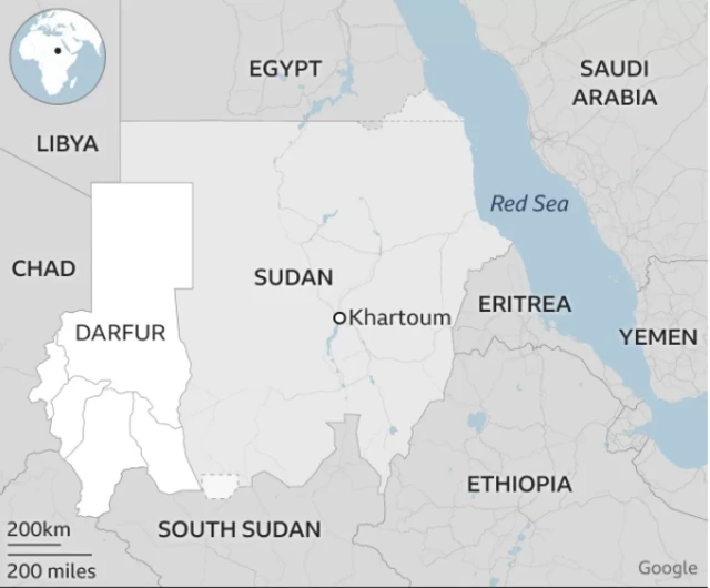 A map of Sudan marking the capital Khartoum, as well as Darfur in the west, and other neighbouring countries