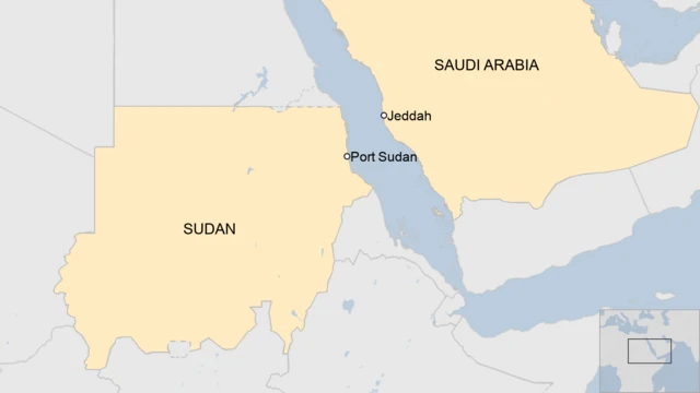 A map showing Jeddah in Sudan and Port Sudan in Sudan.