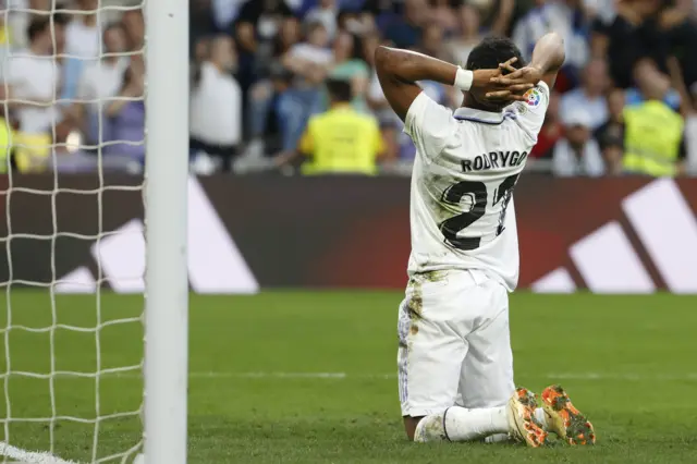 Rodrygo reacts to his second goal being disallowed.